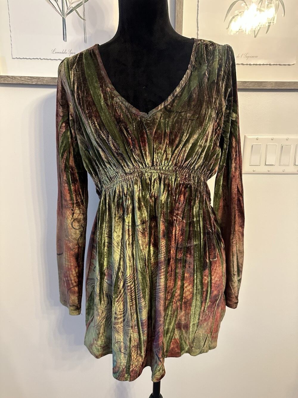 Apt 9 Velvet Tunic Sz. Medium Peacock Feathers Forest FairyGrunge Y2K Goblincore